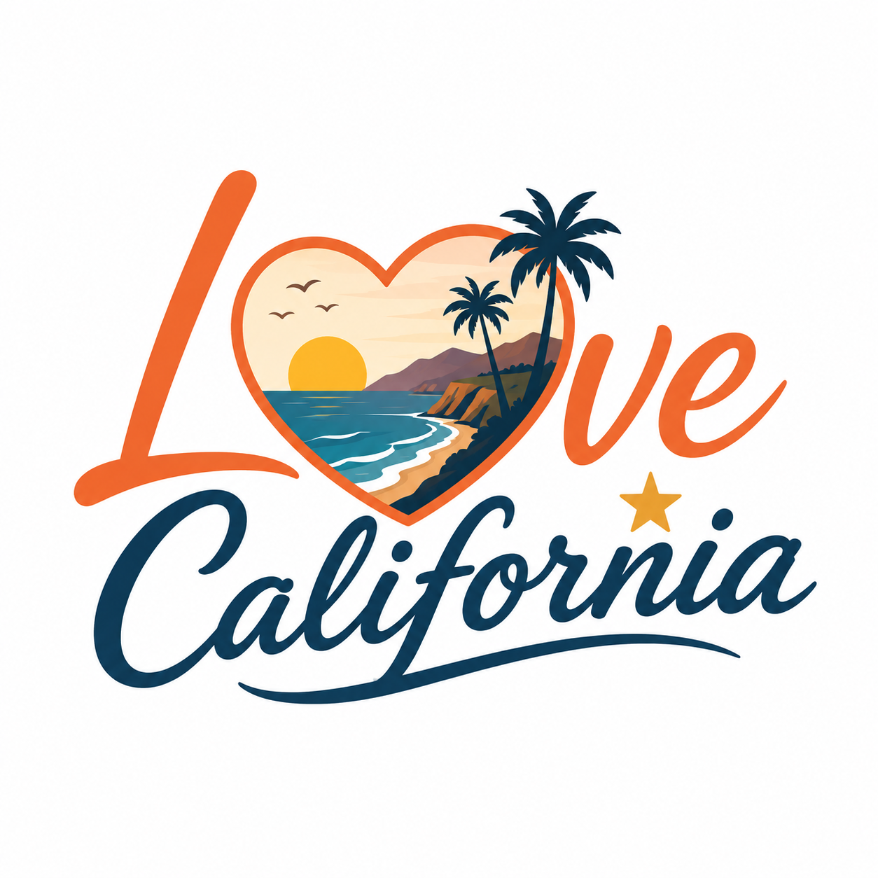 Love California logo with heart-shaped beach and palm tree illustration