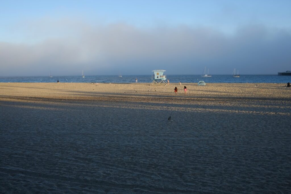 a sandy beach with a lifeguard tower in the distance