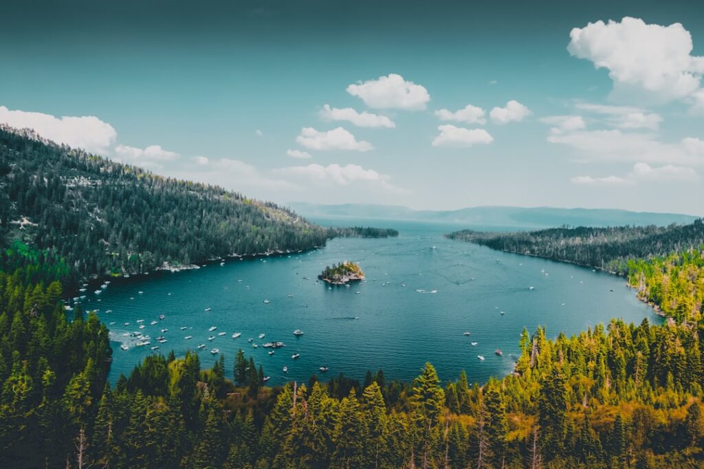 An aerial view of Emerald Bay State Park with boats on blue water